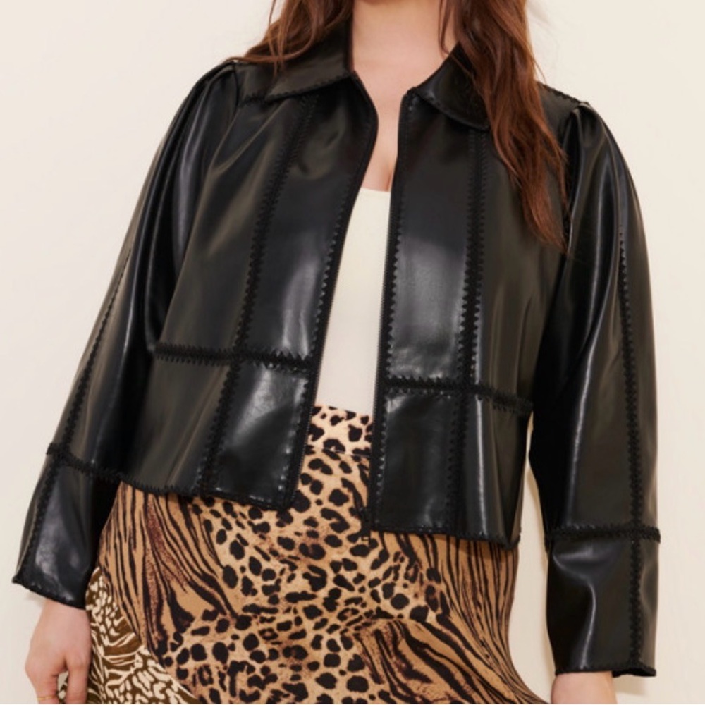 NEW ANTHROPOLOGIE Black Freya Faux Leather Whip Stitch Swing Jacket sz 2X